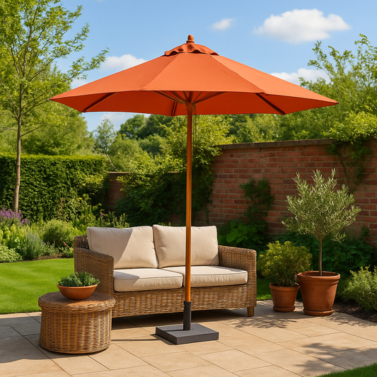 Casa Houten Parasol Ø300 cm – Terra Kleur – Grote Parasol voor Tuin, Balkon of Terras – Natuurlijke Houten Frame – Weerbestendige Doek – Stijlvolle Zonwering Buitenshuis