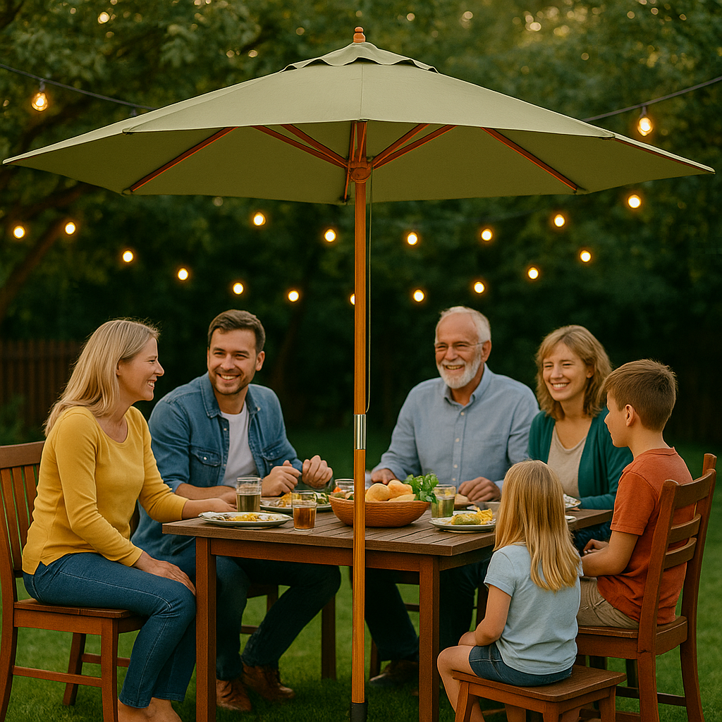 Grote Parasol Houten Tuinparasol Ø 300x260 cm – Extra Stevig & Stijlvol Zonnescherm voor Terras, Balkon & Tuin – Robuust Houtframe & UV-Beschermend Doek - Casa