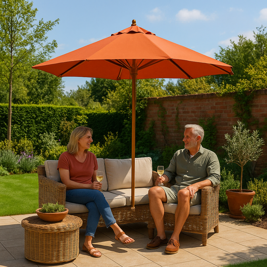 Casa Houten Parasol Ø300 cm – Terra Kleur – Grote Parasol voor Tuin, Balkon of Terras – Natuurlijke Houten Frame – Weerbestendige Doek – Stijlvolle Zonwering Buitenshuis